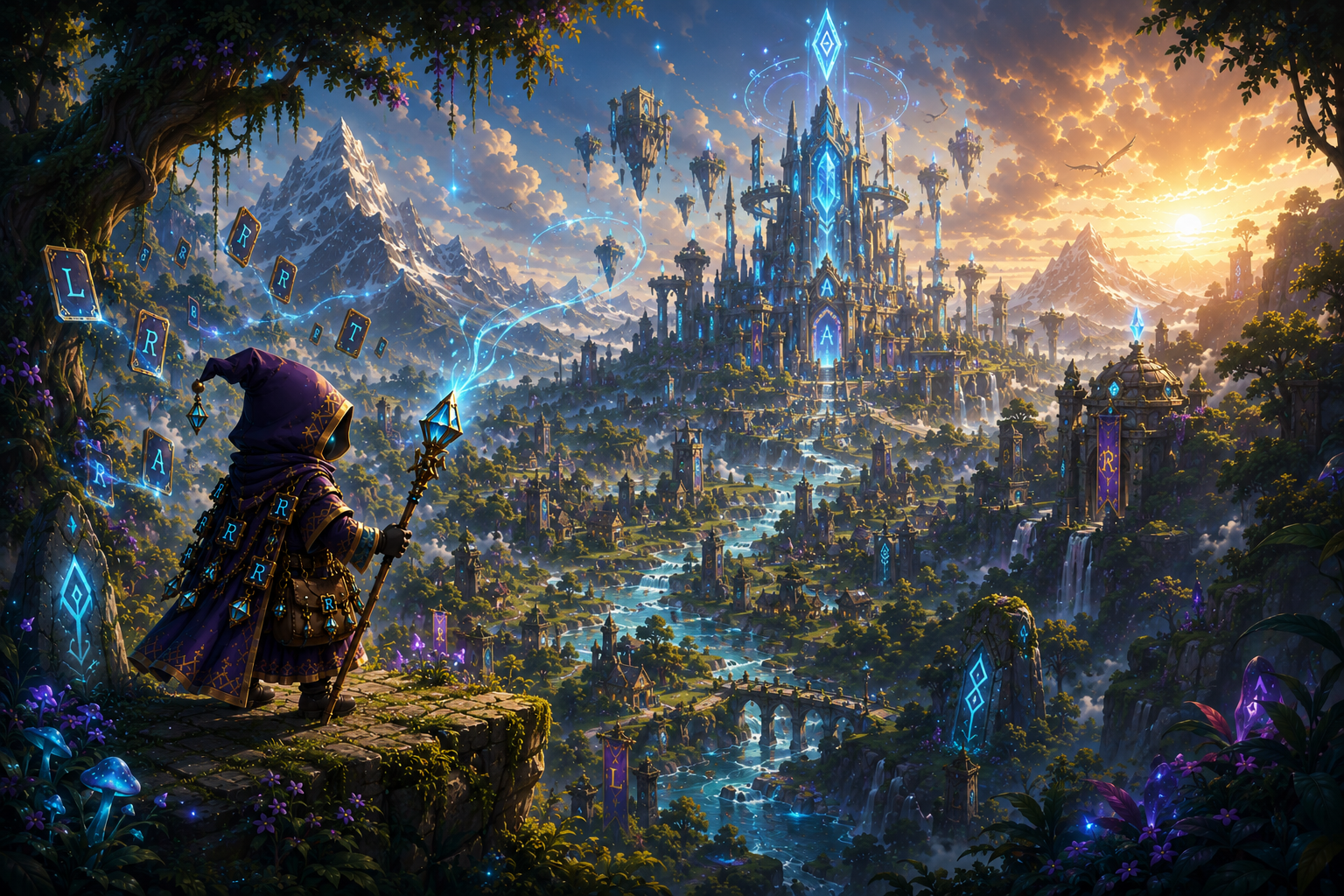A small adventurer overlooks a luminous rune citadel in a vast fantasy valley